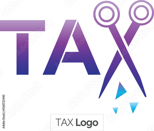 Creative Tax Cut Logo with Scissor Icon. Gradient Typography Design for Finance, Income Tax, Revenue, Budget, Savings, IRS, or Accounting Services. Expressive Business Branding and Corporate identity
