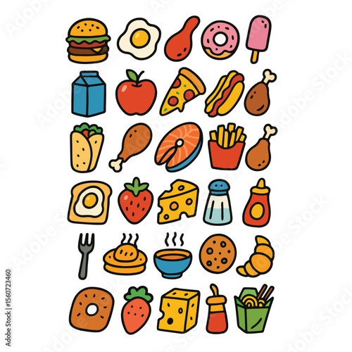 This seamless pattern features a cartoon set of food icons including pizza, chicken, vegetables, and fruit for kitchen and restaurant design