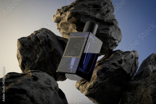 Minimalist black perfume bottle floating between rough volcanic rocks with soft gradient lighting, perfect for luxury brand presentation mockups