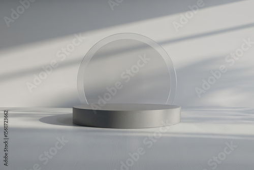 Minimal gray circular display podium with transparent ring accent in bright lighting, intended for clean modern mockup presentations and product ads