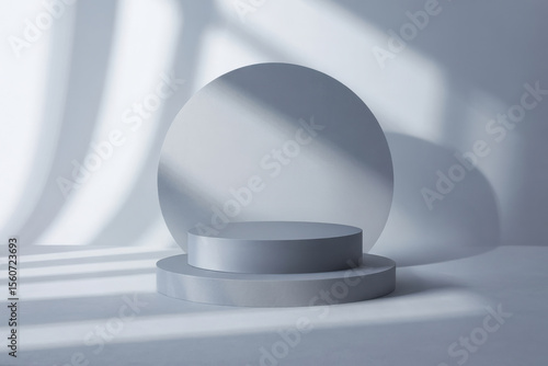 Stylized double layer circular product podium in cool lighting with artistic abstract shadows, suitable for minimalist cosmetic or fashion mockups