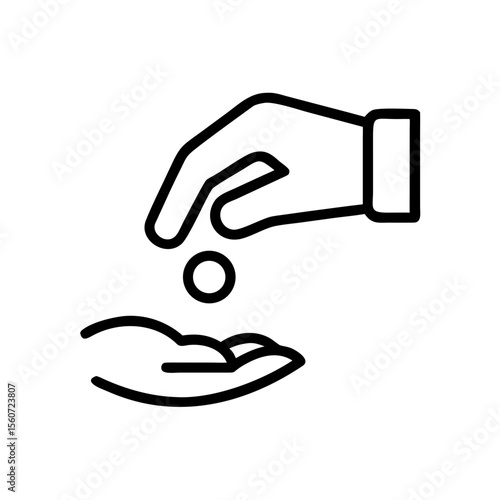 Hand placing a coin into another person's palm as an icon concept  