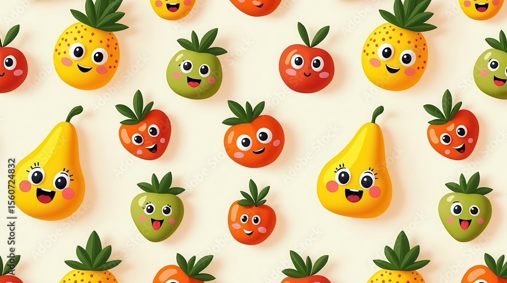 Obraz premium Cheerful cartoon fruits pattern with smiling pineapples, pears, and tomatoes on light background