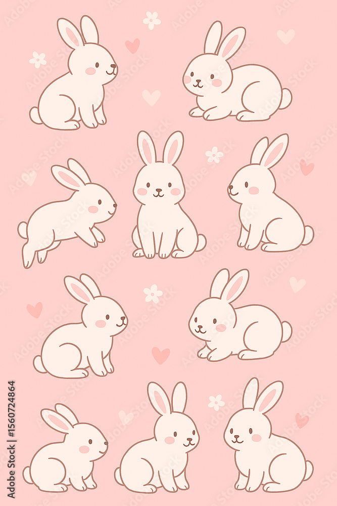 Fototapeta premium Cute Pink Bunny Phone Wallpaper with Hearts and Flowers – Girly Pastel Background
