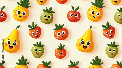 Cheerful cartoon fruits pattern with smiling pineapples, pears, and tomatoes on light background