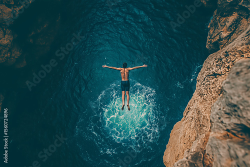 Cliff diver mid-air, just after leaping from a high cliff, with a deep blue ocean below