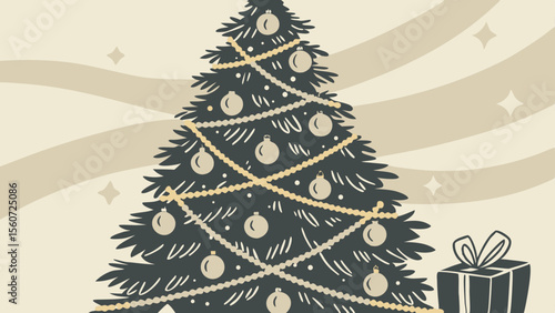 Vintage christmas tree with ornaments and gift box vector illustration holiday season festive christmas time design