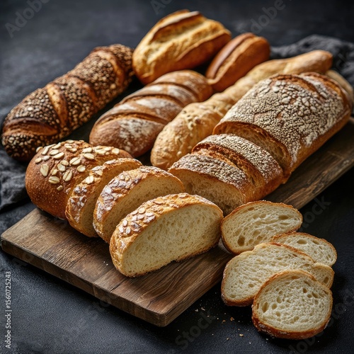 Assorted loaves of bread, sliced and whole, on a wooden board.  Variety of textures and colors, including seeded, oat, and white breads