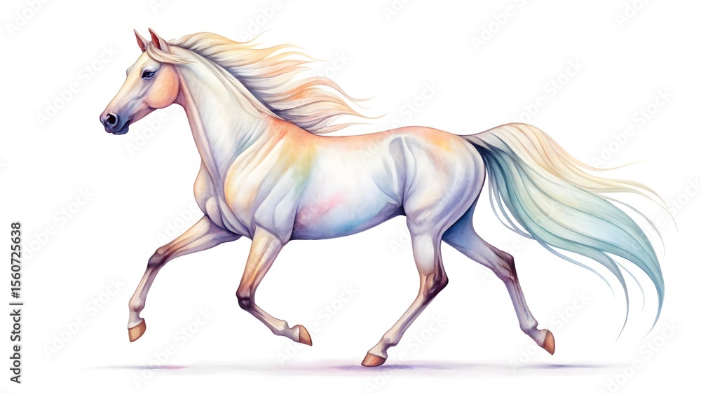 Obraz premium Watercolor white rainbow horse with long mane and tail running, isolated on white background
