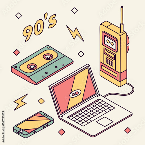 Isometric illustration of retro technology including a laptop, cassette tape, and a vintage phone device