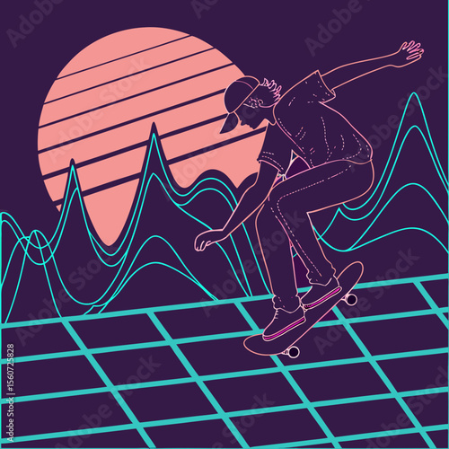 A stylized illustration of a skateboarder performing a trick against a retro sunset background design