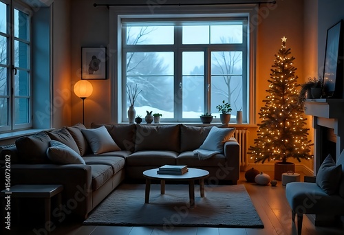 Wallpaper Mural A Scandinavian-style living room at twilight, a brown leather sofa, a blank canvas frame on the wall, a brightly lit Christmas tree adorned with minimalist ornaments, during a snowy winter evening,  Torontodigital.ca