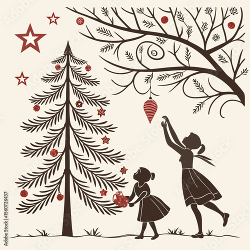 Two girls decorating a christmas tree with ornaments and stars under a bare winter tree branch design