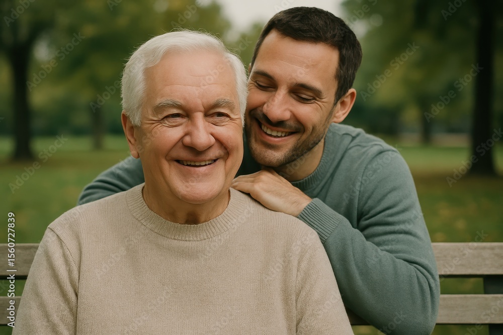 Obraz premium Happy elderly man and his adult son smiling together on a park bench