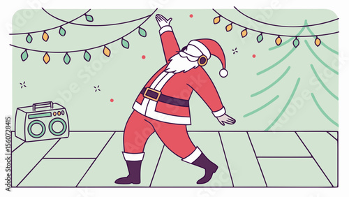 Dancing santa claus with headphones christmas tree and boombox holiday season vector illustration design