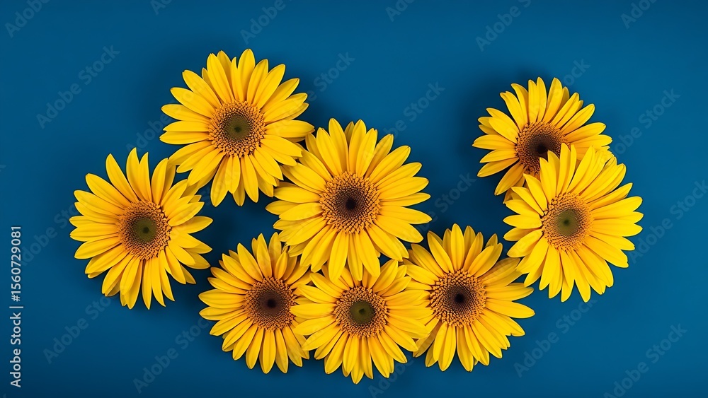Fototapeta premium Vibrant yellow gerbera flowers arranged in a circle against a deep blue background.