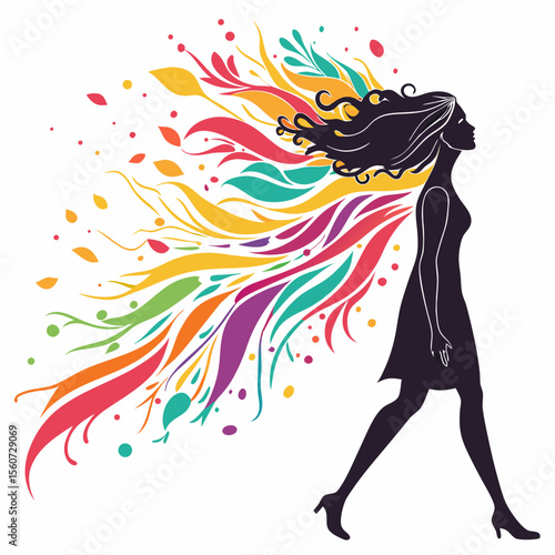 Silhouette of a woman walking with colorful flowing hair and floral elements on a white background
