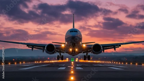 Airplane landing at twilight