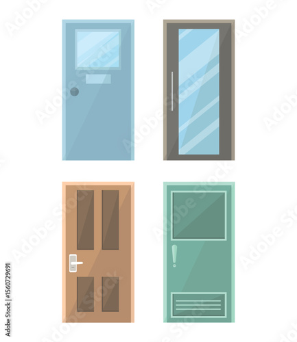 Set of door icons on white background. Entrance doors. Doors to office, study, hall, classroom.
