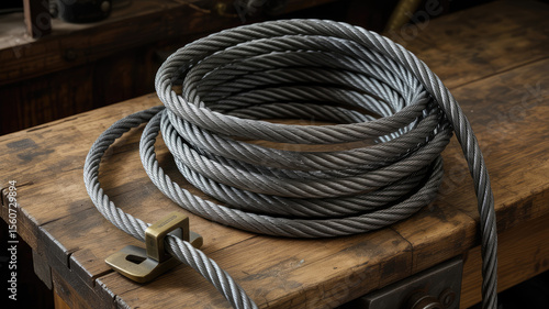 Thick twisted metal cable coiled on wooden surface steel wire