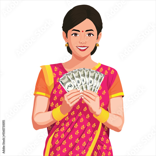 Indian Woman Holding 500 Indian Rupee Notes Vector Illustration