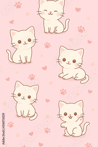 Cute Pink Kitten Phone Wallpaper with Hearts and Paw Prints – Kawaii Cat Background