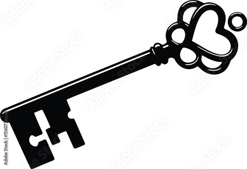 A black silhouette of a vintage key with a heartshaped design