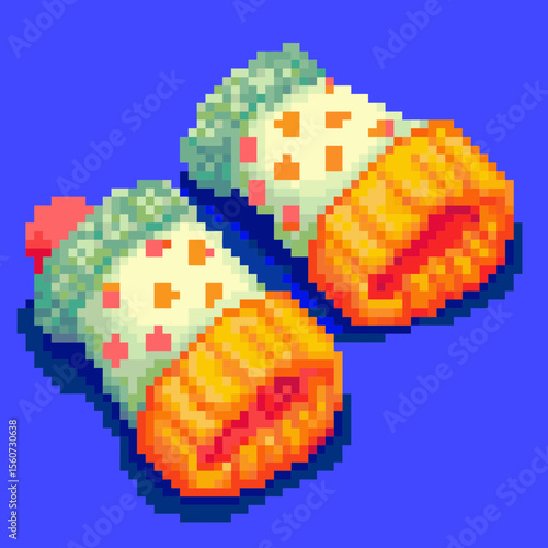 Pixel art colorful children's mittens with patterns on a vibrant blue background