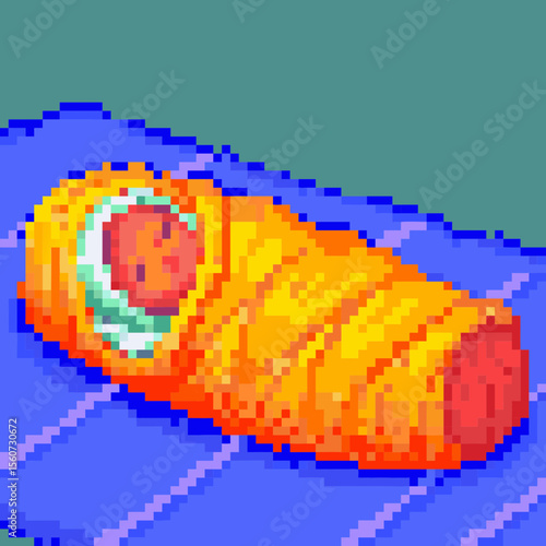 Pixel art cozy sleeping bag with a round pillow on a blue background
