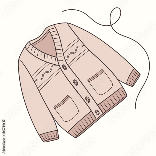 Outline illustration of a cozy cardigan with buttons and pockets on a light background