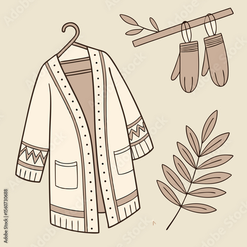 Outline illustration of a cozy cardigan hanging next to mittens and a leaf on a light beige background