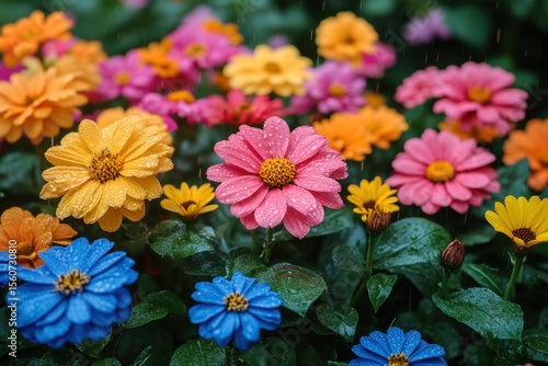 Colorful flowers glistening with raindrops.