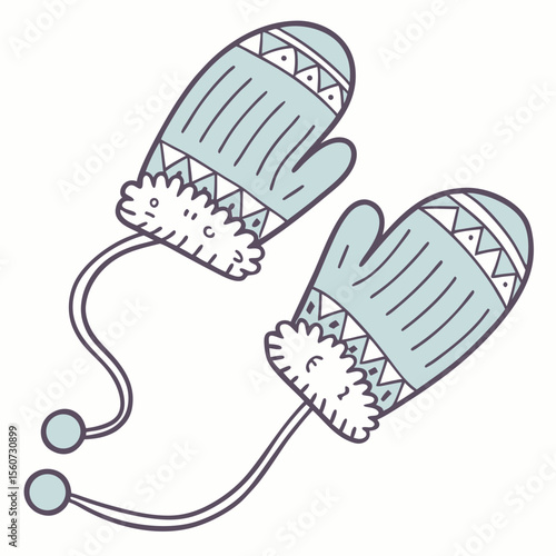 Outline illustration of knitted mittens with patterns and a fluffy trim on a white background