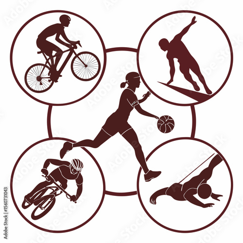 Illustration showing a variety of sports including cycling, basketball, surfing and swimming activities