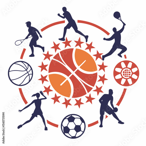 Illustration showcasing various sports with athletes and equipment arranged in a circular design format