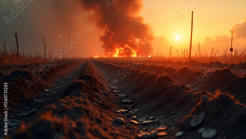 Scorched battlefield soil, signs of recent explosion