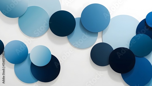 Abstract arrangement of overlapping circles in various shades of blue on a white background