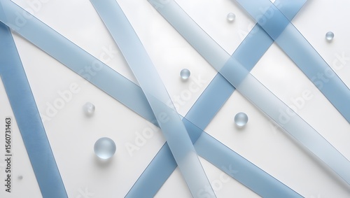 Abstract composition of translucent blue ribbons and glass spheres on a white background