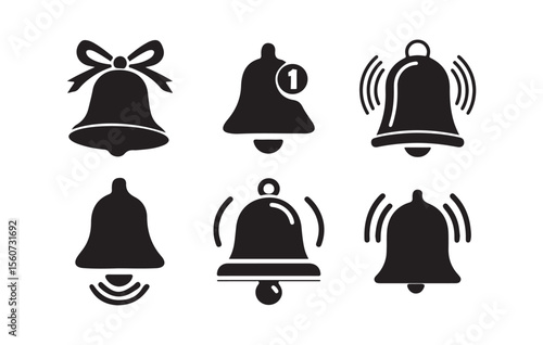 Notification Bell Icon Set. Alert and Ring Symbols Collection in Black Silhouette. Victor illustration eps 10