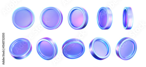 3D holographic coin icon with purple neon effect, isolated on dark background. Iridescent chrome coin render, game token, casino chip, digital currency, or holo reward medal. 3D vector illustration