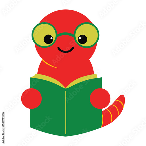 Cute bookworm with glasses holding open book in study mood Vector illustration