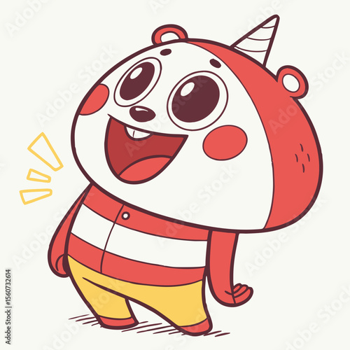 A cheerful cartoon character with red and white stripes and a unicorn horn is smiling widely