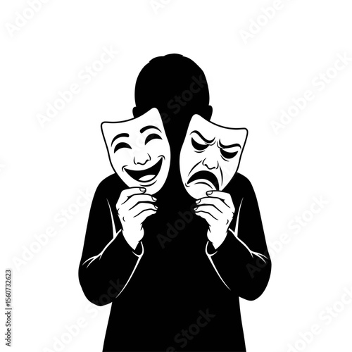 A person holds a happy mask and a sad mask, illustrating the duality of emotions in a black and white vector illustration