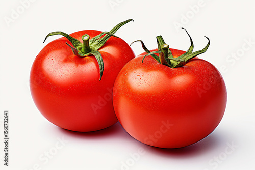 Two large ripe red tomatoes with fresh green stems and leaves isolated on white background