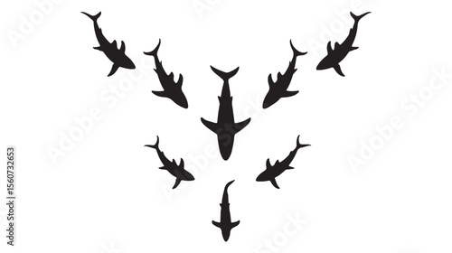 Silhouette sharks forming a v formation on white background for graphic design and illustrations
