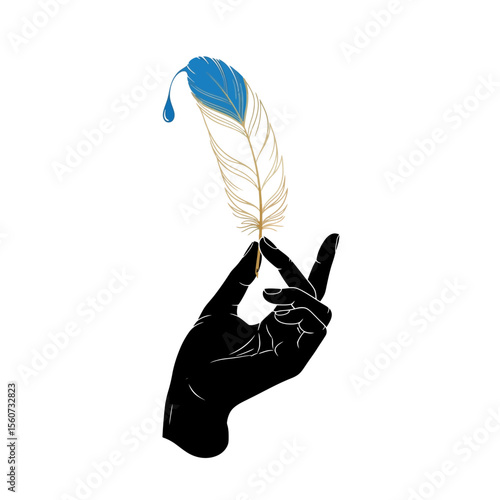 A black hand holds a gold and blue feather pen isolated on white background, dripping with blue ink