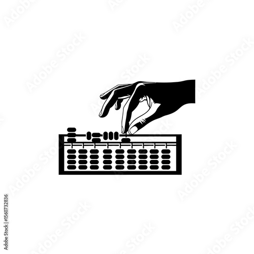 A hand operating an abacus, a vintage calculating tool, in a black and white vector illustration isolated on white background, representing mathematical skill
