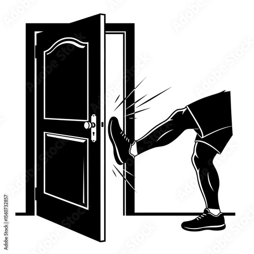 A leg kicks open a door with force, illustrating a powerful entry in a black and white vector design isolated on white background