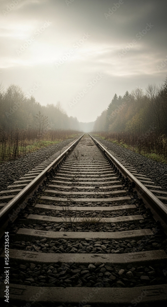 Fototapeta premium Foggy Railway Tracks Through Forest. Railway tracks stretch forward into fog through a quiet autumn forest. 