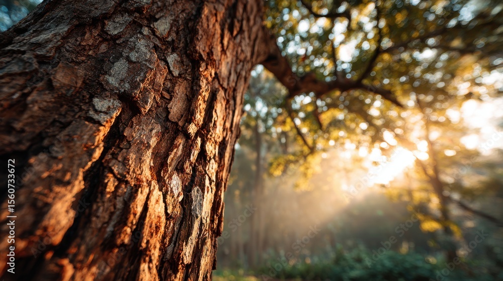 Fototapeta premium Warm sunlight streams through leaves, illuminating the textured bark of a tree in a peaceful forest. The scene captures the beauty of nature at dawn, inviting serenity.